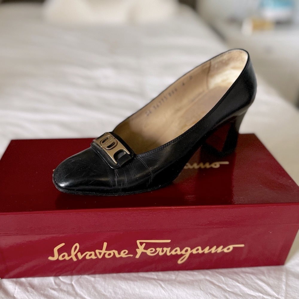 Salvatore Ferragamo Black Heels with Gold Buckle